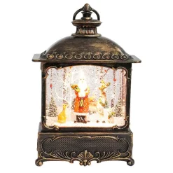 Antique Bronze Brushed Square Lantern With Led Light Up Santa With Deer Scene Spinning Glitter Waterglobe