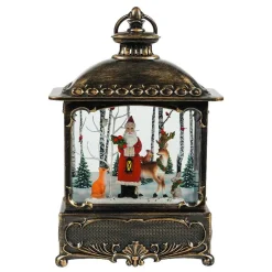Antique Bronze Brushed Square Lantern With Led Light Up Santa With Deer Scene Spinning Glitter Waterglobe