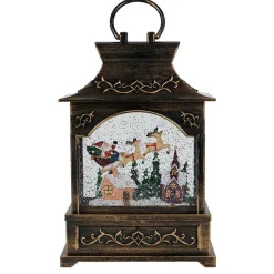 Antique Brushed Square Lantern With Led Warm White Light Up Santa Sleigh Scene Spinning Glitter Waterglobe