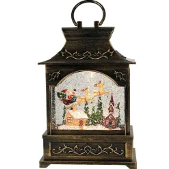 Antique Brushed Square Lantern With Led Warm White Light Up Santa Sleigh Scene Spinning Glitter Waterglobe