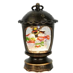 Antique Brushed Starry Lantern With Light Up Snowman Scene Spinning Glitter Waterglobe