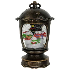 Antique Brushed Starry Lantern With Light Up Snowman Scene Spinning Glitter Waterglobe