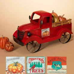 Antique Red Metal Vintage Truck With Christmas Tree, Decor
