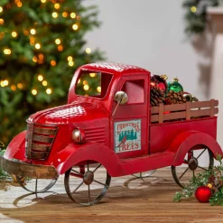 Antique Red Metal Vintage Truck With Christmas Tree, Decor