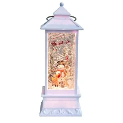 Antique White Tall Lantern With Led Light Up Snowman Scene Spinning Glitter Waterglobe