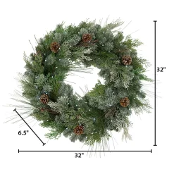 32"D Pre-Lit Snowy Mixed Pine Wreath Withpine Cones, Twig & Cedar Accents. 50 Cool White Led Lights.