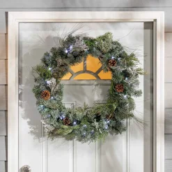 32"D Pre-Lit Snowy Mixed Pine Wreath Withpine Cones, Twig & Cedar Accents. 50 Cool White Led Lights.