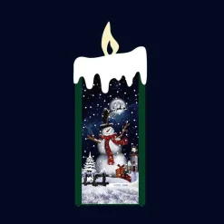 Green Snowing Flat Candle With Snowman