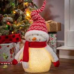 Holiday Snowman Lighted Figurine Decor With Red Hat And Scarf