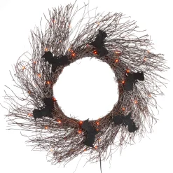 20 In Black Halloween Twig Wreath With Bats And Orange Leds
