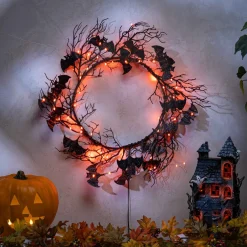 18 In Black Twig Halloween Wreath With Bats And Orange Leds