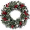 24 Inch Flocked Holiday Wreath With Red Berries And Ornaments