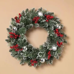 24 Inch Flocked Holiday Wreath With Red Berries And Ornaments