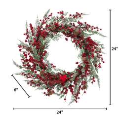 24 Inch Winter Holiday Wreath With Red Berries And Cardinal