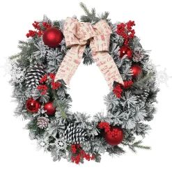 24 In Flocked Holiday Wreath With Bow, Berries And Ornaments