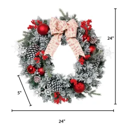 24 In Flocked Holiday Wreath With Bow, Berries And Ornaments