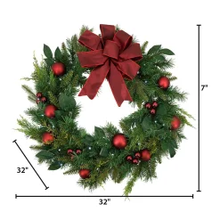 32 In Holiday Cedar Wreath With Red Bow And Christmas Ornaments