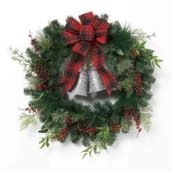32 In Holiday Pine Wreath With Plaid Bow And Silver Bells