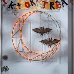 24 In Lighted Champagne Metal Halloween Wreath With Bats Decor