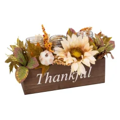 16-In Long Wood Fall Box Filled With Florals And 3 Candle Jars