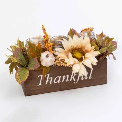 16-In Long Wood Fall Box Filled With Florals And 3 Candle Jars