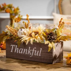 16-In Long Wood Fall Box Filled With Florals And 3 Candle Jars
