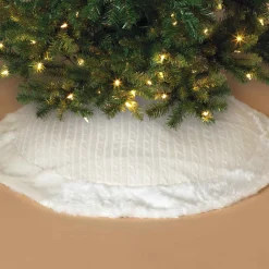48 In White Cable Knit Christmas Tree Skirt, Faux Fur Trim