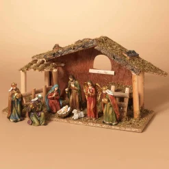 9 Piece 15.25-Inch-Long Resin Nativity Scene With Moss Stable