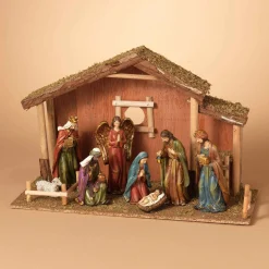 9 Piece Traditional Religious Nativity Scene With Moss Stable