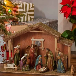 9 Piece Traditional Religious Nativity Scene With Moss Stable