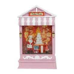 Pink Candy Shop With Led Warm White Light Up Santa Scene Spinning Glitter Waterglobe