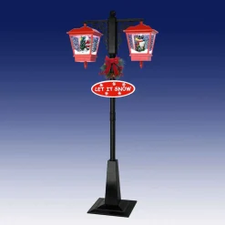 Red And Black Snowing Outdoor Double Street Lamp With Santa And Snowman