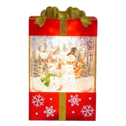 Red And Gold Square Gift Box With Led Warm White Light Up Snowman Family Scene Spinning Glitter Waterglobe
