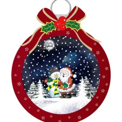 Red Snowing Christmas Ball With Santa And Snowman