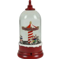 Red Snowy Cloche With Led Light Up Carousel Scene Spinning Glitter Waterglobe