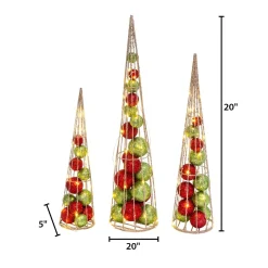 S/3 Battery- Operated Lighted Red & Green Ornament Filled Cone Trees, Lg Is 24-In H, Med Is 20-In H, Sm Is 16-In H