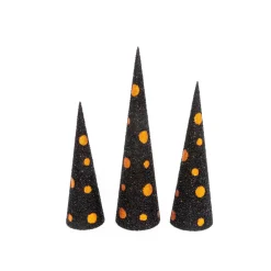 Set Of 3 Assorted Black And Orange Glitter Halloween Cone Trees