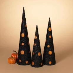 Set Of 3 Assorted Black And Orange Glitter Halloween Cone Trees