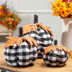Set Of 3 Assorted Sized Fabric Black And White Plaid Pumpkins Harvest Decor With Leaf Accent