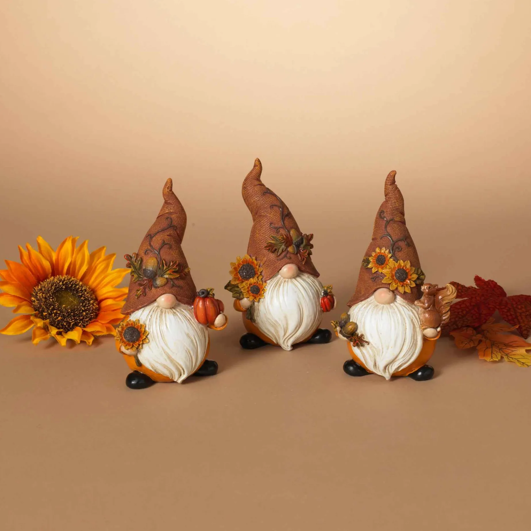 Set Of 3 Autumn Sunflower Harvest Gnome Figurines