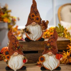 Set Of 3 Autumn Sunflower Harvest Gnome Figurines