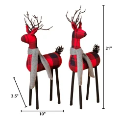 Set Of 2 Christmas Holiday Deer Figurines, Red And Black Plaid