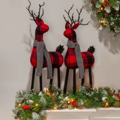 Set Of 2 Christmas Holiday Deer Figurines, Red And Black Plaid