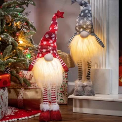 Set Of 2 Christmas Lighted Gnome Figurines, Silver And Red