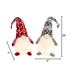 Set Of 2 Christmas Lighted Gnome Figurines, Silver And Red