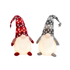 Set Of 2 Christmas Lighted Gnome Figurines, Silver And Red