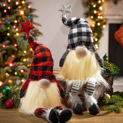 Set Of 2 Christmas Lighted Gnome Figurines, Black And Red
