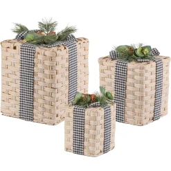 Set Of 3 Holiday Christmas Present Decor, Neutral Farmhouse