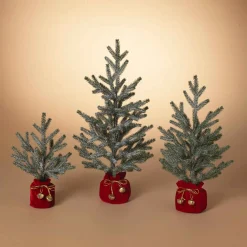 Set Of 3 Holiday Pine Trees With Christmas Jingle Bell Base