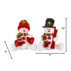 Set Of 2 Holiday Snowman Figurine Decor, Red And Green